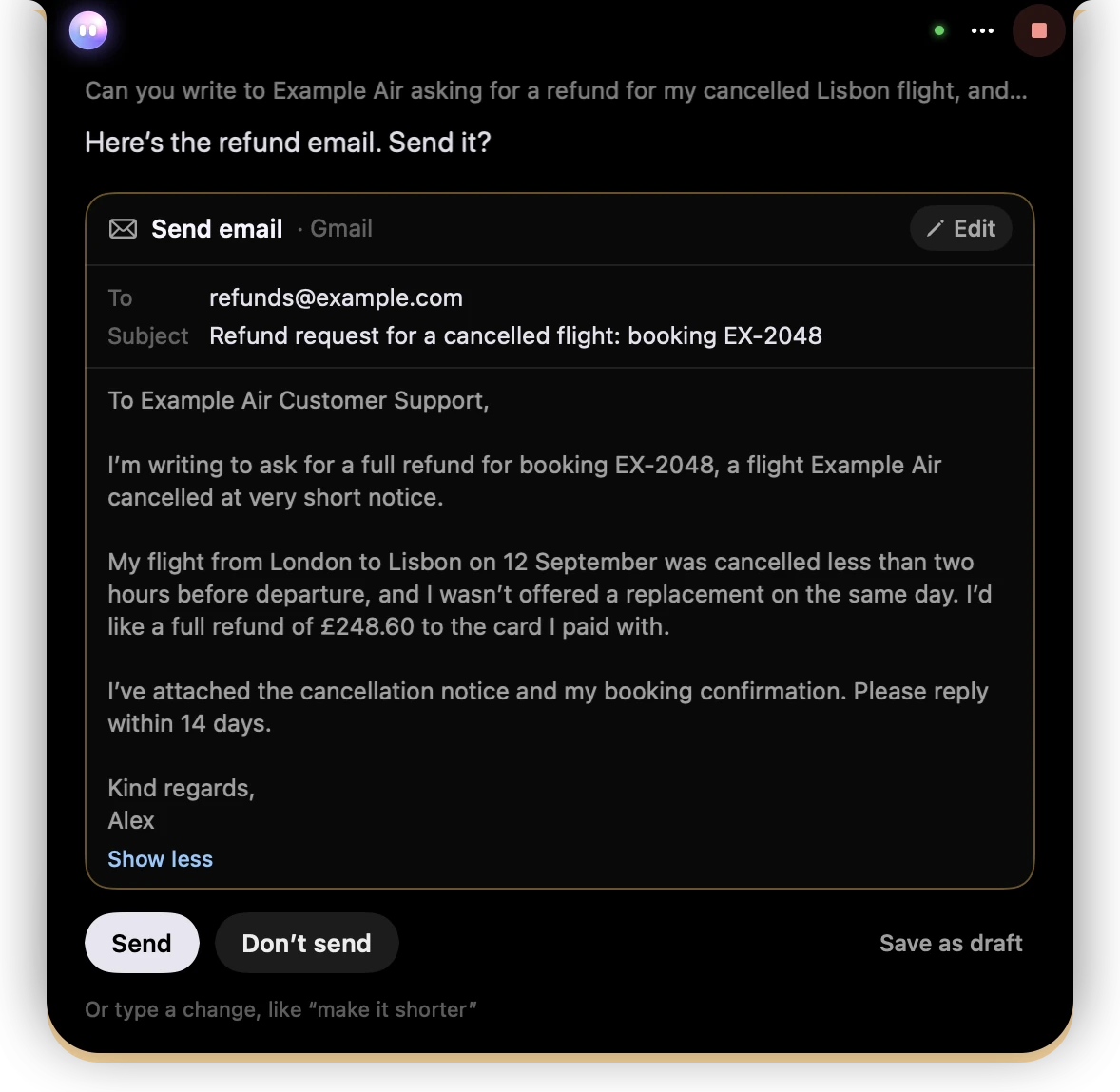 The email confirmation at reading size