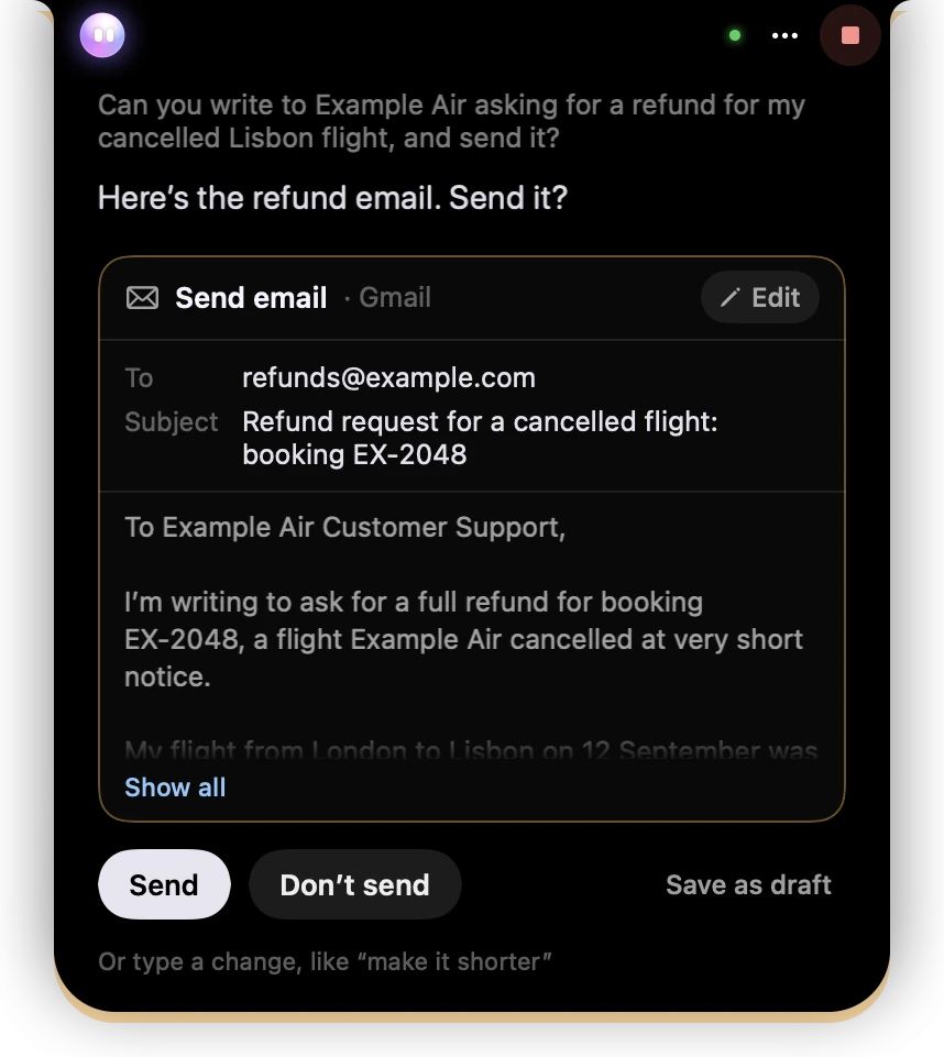Gmail send confirmation card: To, Subject, body, Send / Don't send, Edit