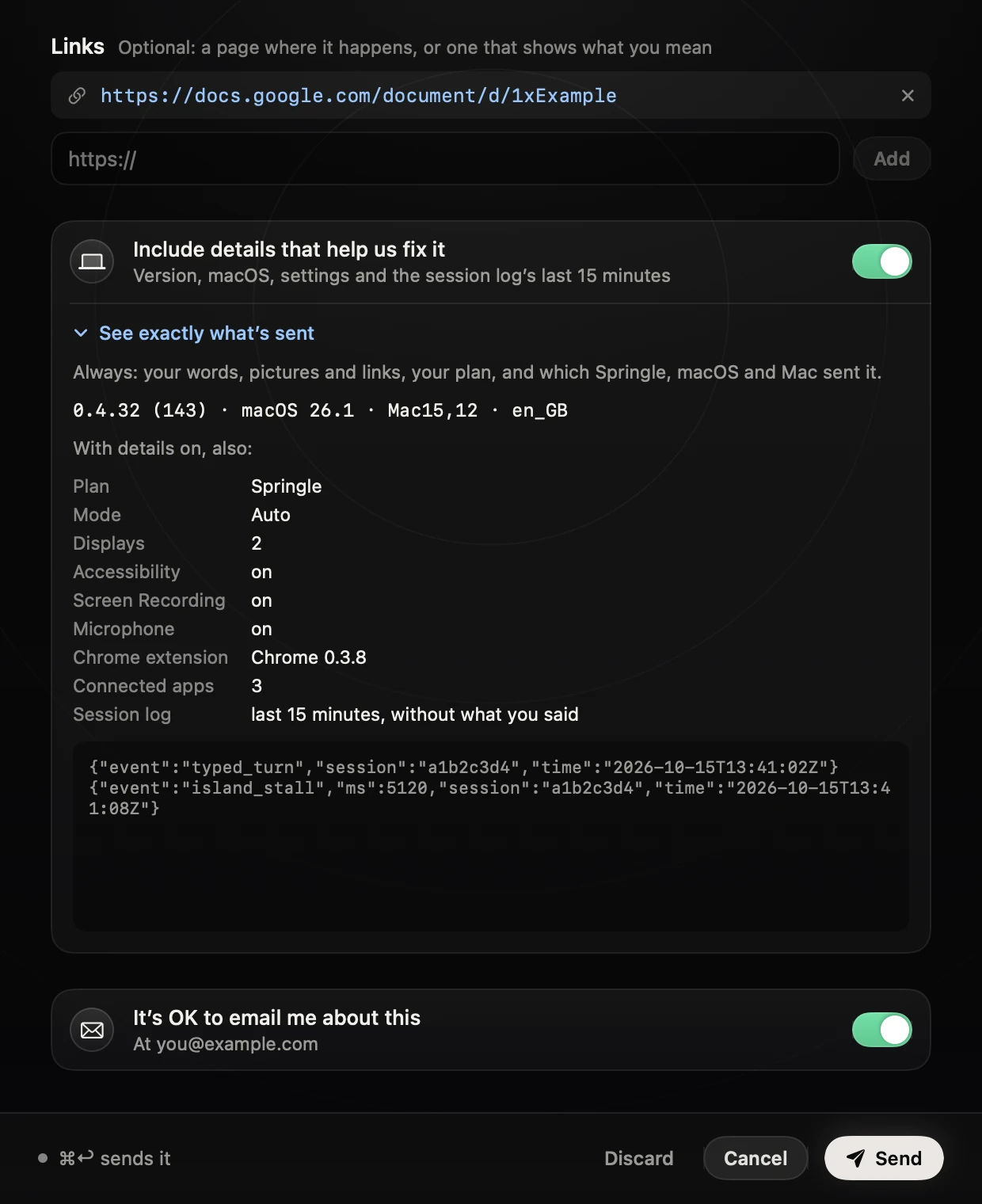 The lower half of the window: a link, Include details switched on, See exactly what's sent open with the version line, the facts and two log lines, and It's OK to email me switched on