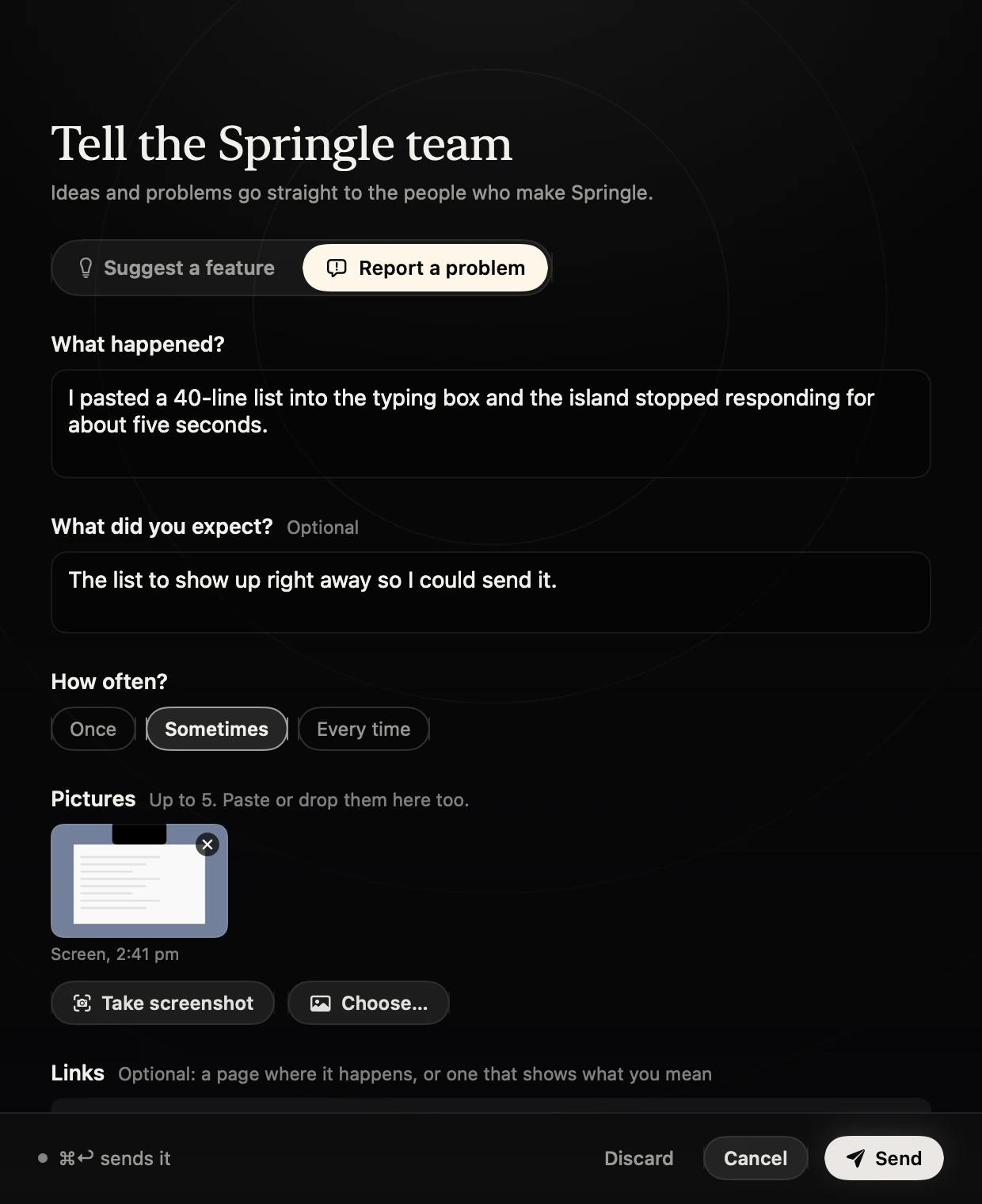 The Tell the Springle team window on Report a problem: what happened, what they expected, how often set to Sometimes, and one screenshot under Pictures