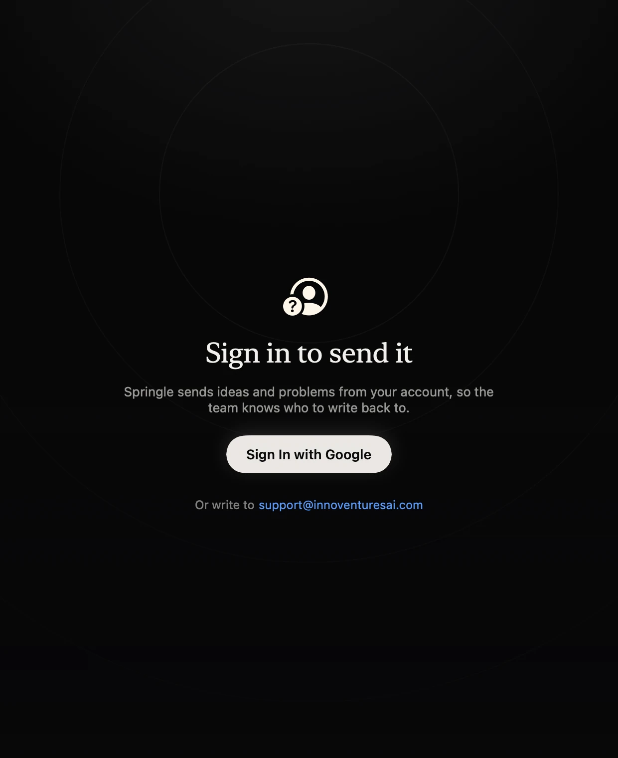 Sign in to send it, with a Sign In with Google button and the support address underneath