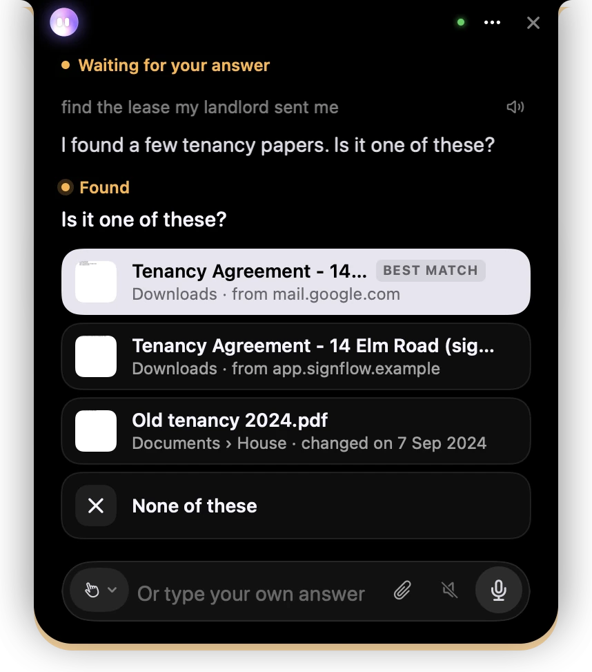 Find anything: the Found card, three likely files with their pictures and why, and None of these