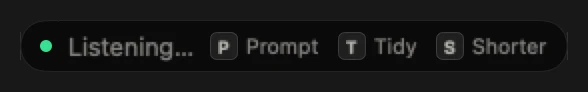 The card at the cursor while holding ⌃fn in an AI chat: Listening, with P Prompt, T Tidy, S Shorter