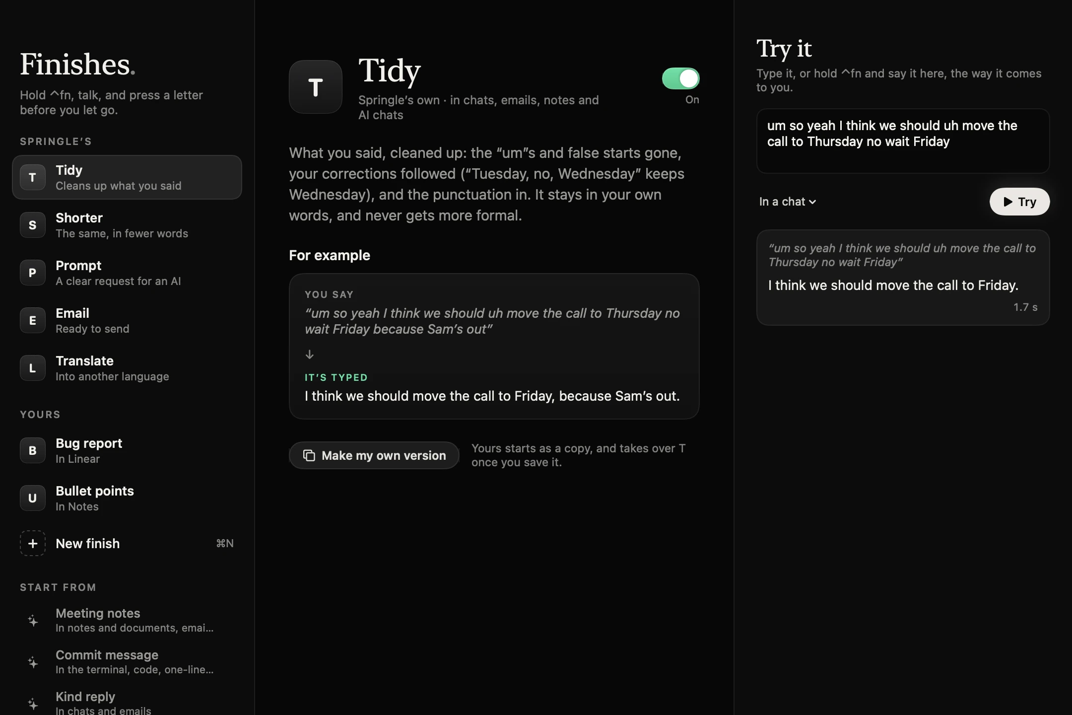 The Finishes window on Springle’s Tidy: what it does, an example, Make my own version, and Try it