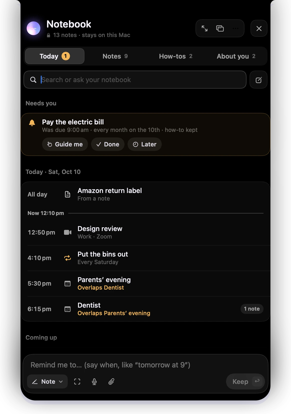 Notebook: Today with reminders and meetings