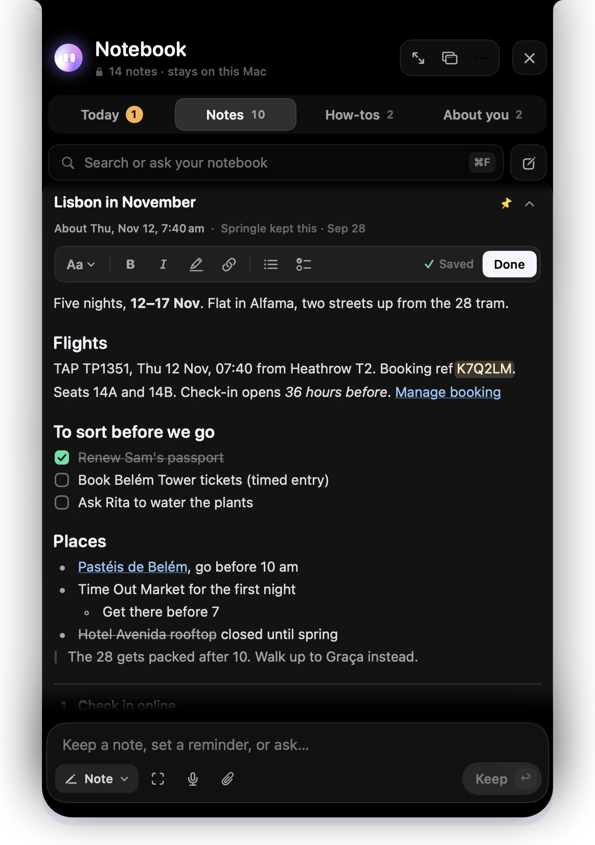 Notebook: writing in a note, with the format bar