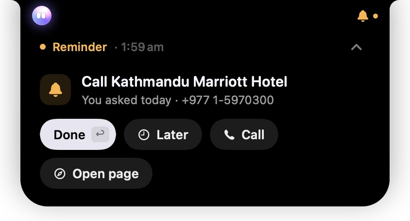 A reminder about a web page with Call and Open page