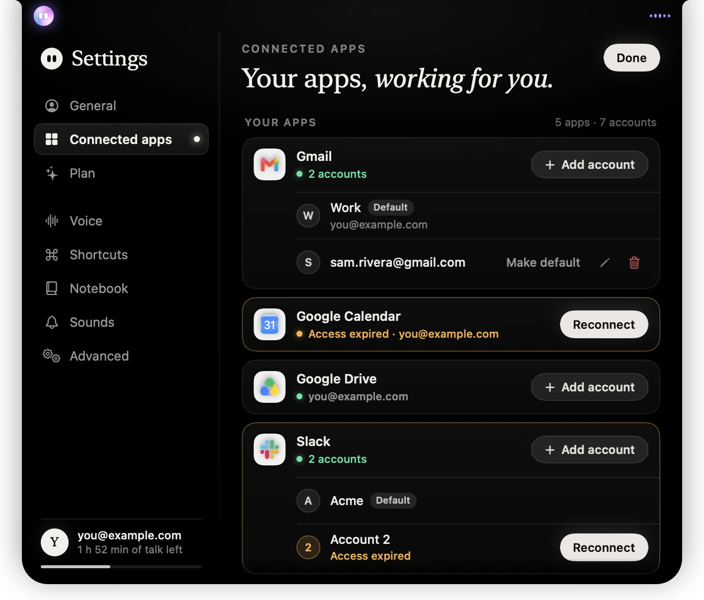 Settings › Connected apps scrolled to your apps: Gmail with two accounts (pointer on the second, showing Make default, rename and remove), Calendar needs reconnecting, Drive, Slack with one account to reconnect