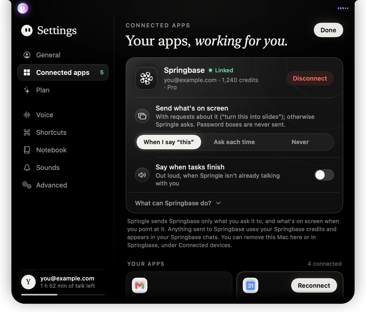 Settings › Connected apps with Springbase linked