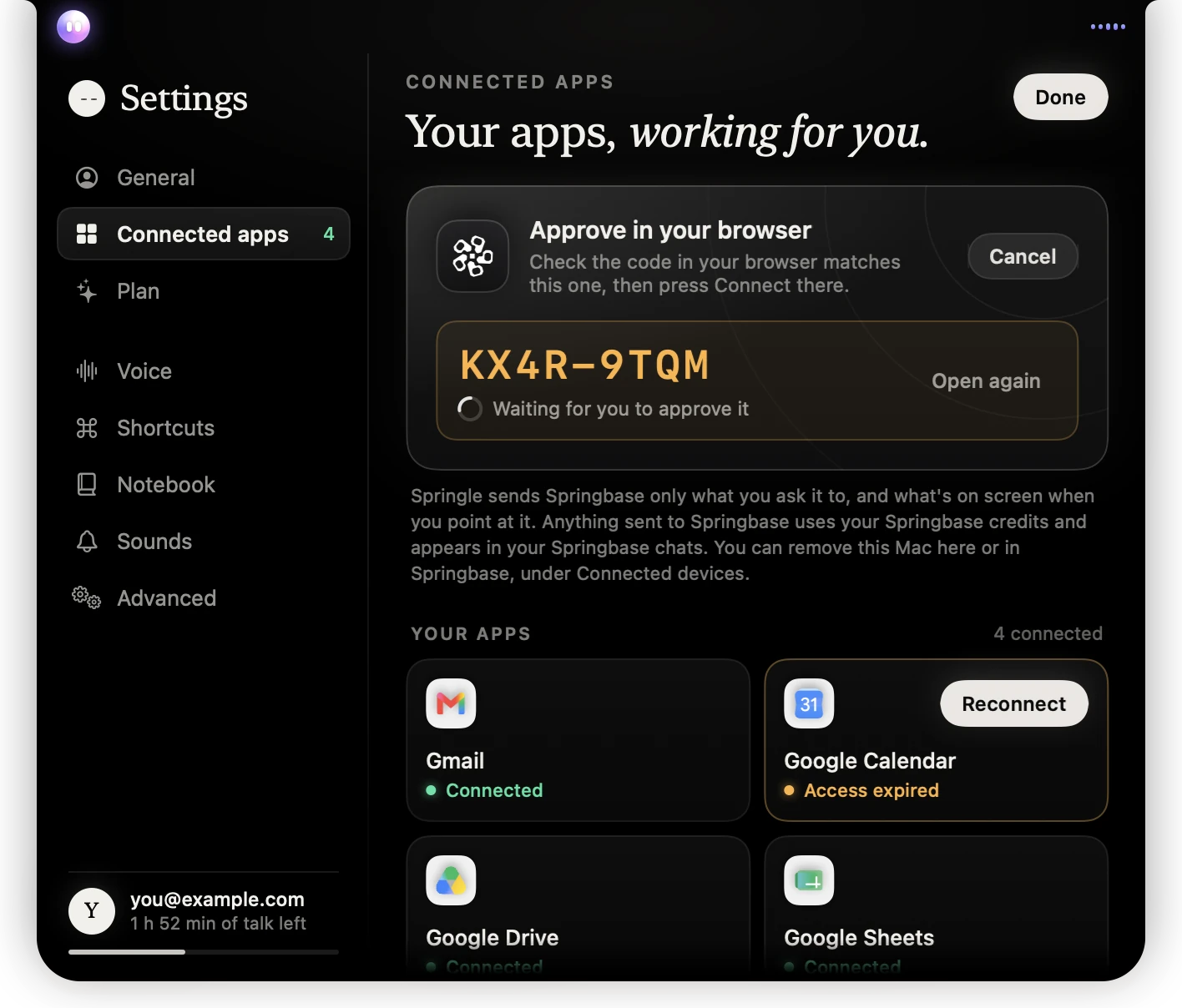 Settings › Connected apps, Springbase waiting for the code to be approved
