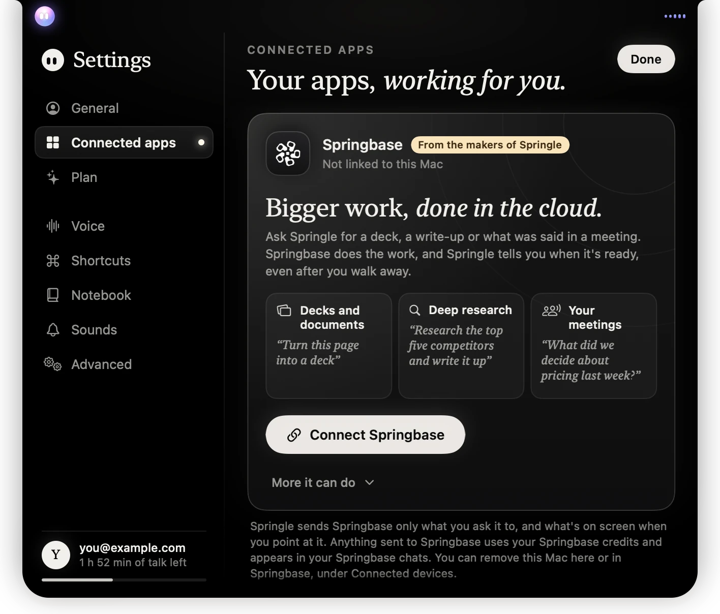 Settings › Connected apps, signed in: Gmail, Drive, Sheets, Notion connected; Calendar needs reconnecting