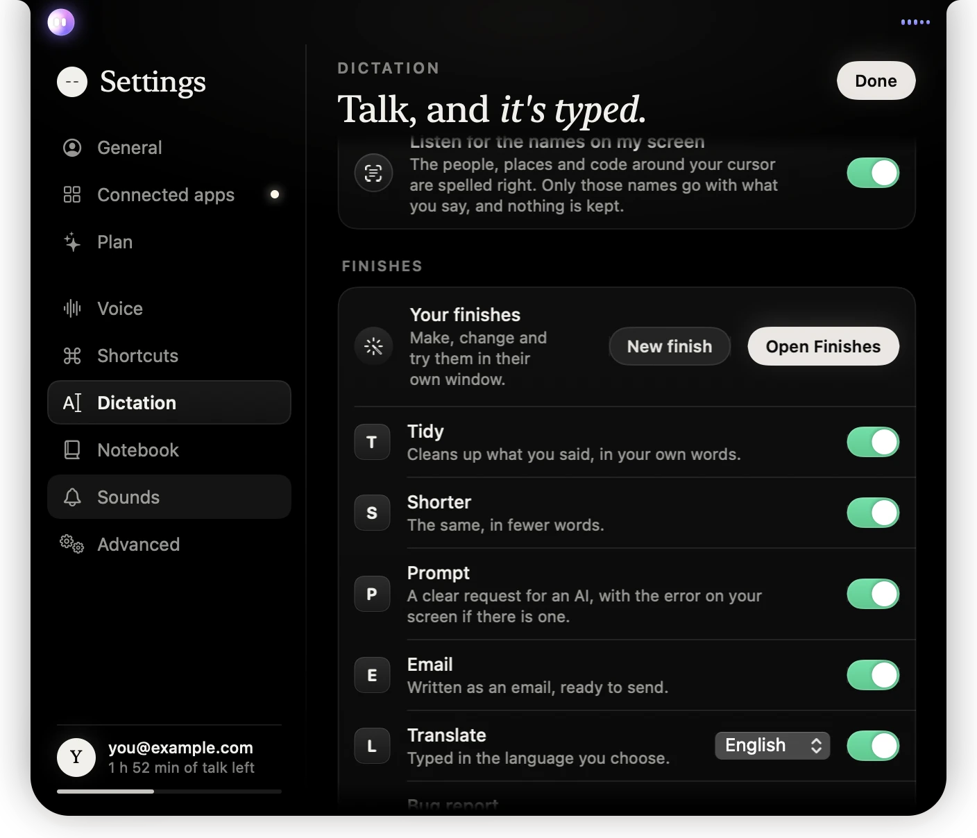 Settings › Dictation › Finishes: Open Finishes and New finish, Springle’s own with their switches, then Bug report and Bullet points