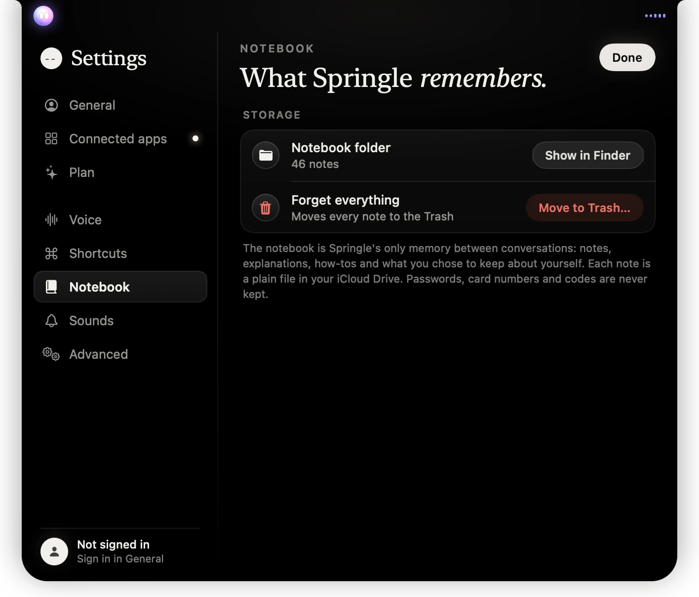 Settings › Notebook scrolled down: storage, older notes and Forget everything