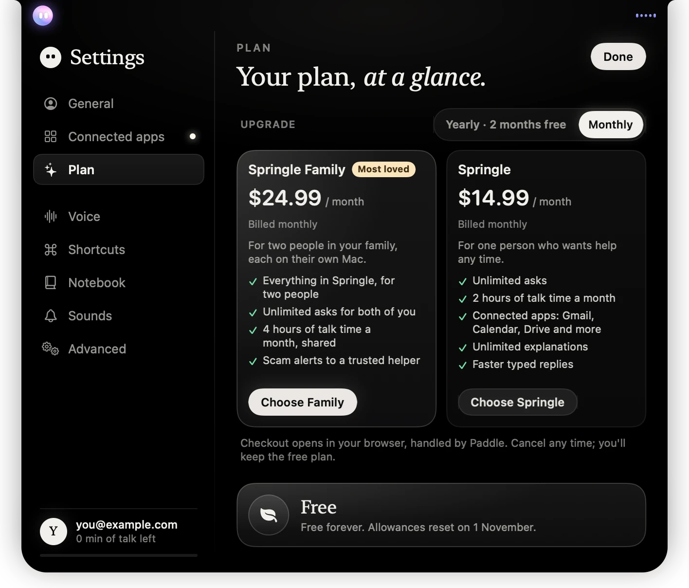 Settings › Plan on Free
