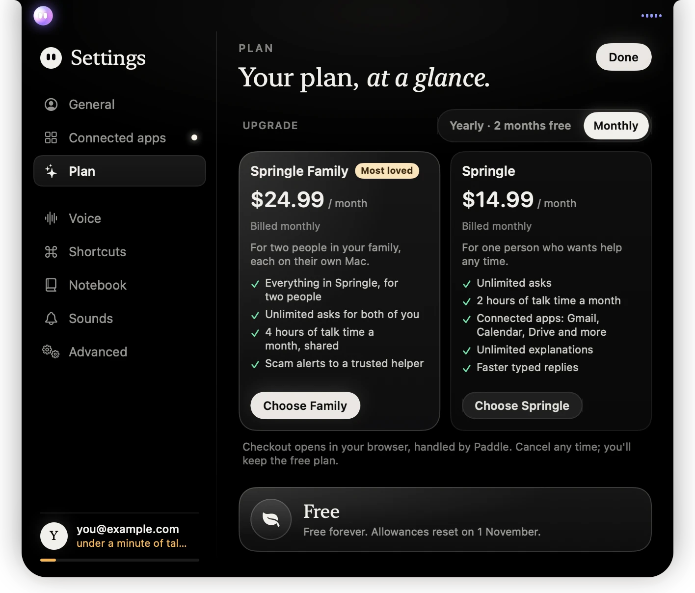 Settings › Plan with free asks used up