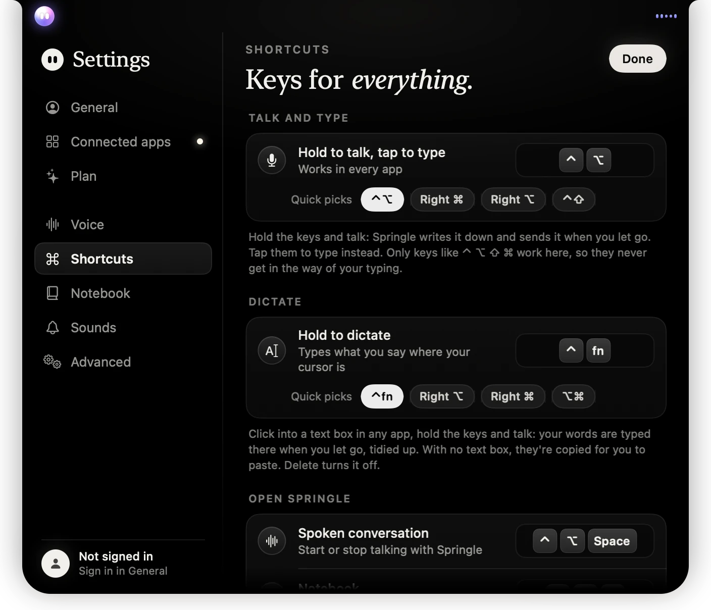 Settings › Shortcuts
