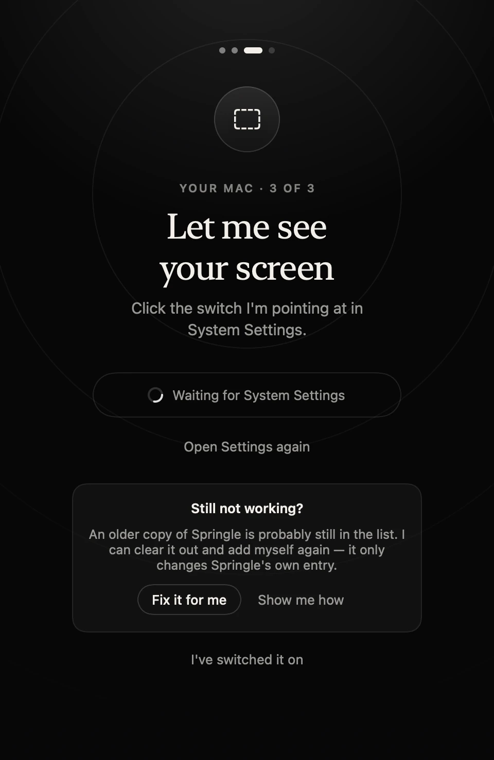 Setup: Screen Recording stuck, with help
