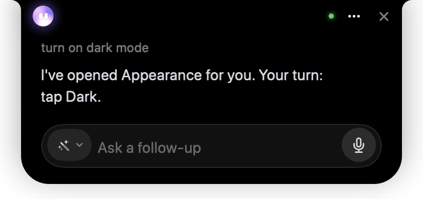 Auto mode: 'I've opened Appearance for you. Your turn: tap Dark.'